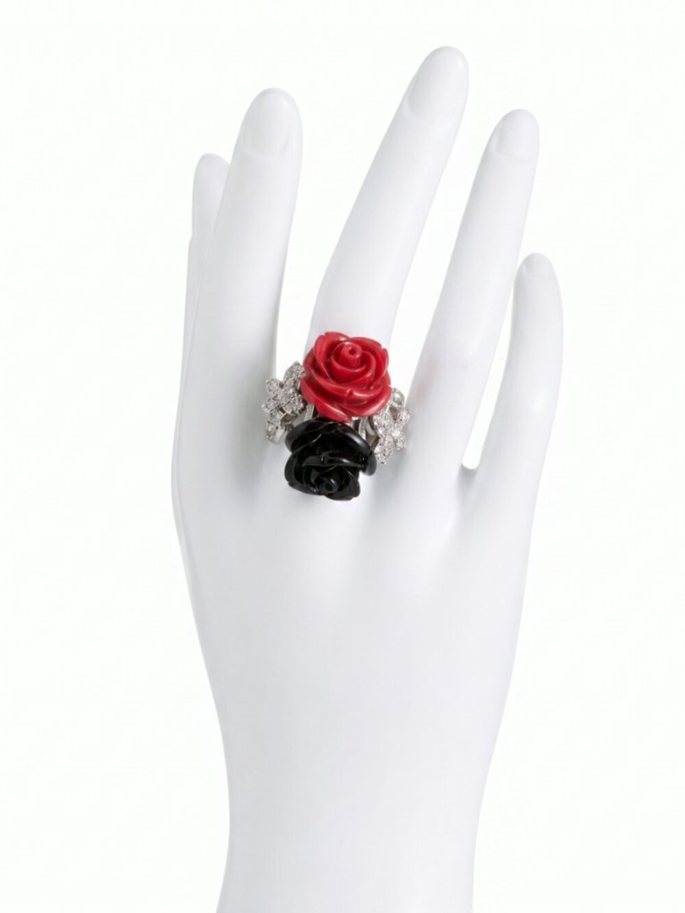 Carved Red & Black Rose Cocktail Ring Diamond Accents